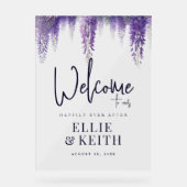 Whimsical Paarse Bloemen Huwelijk Welkom Acryl Bord (Voorkant)