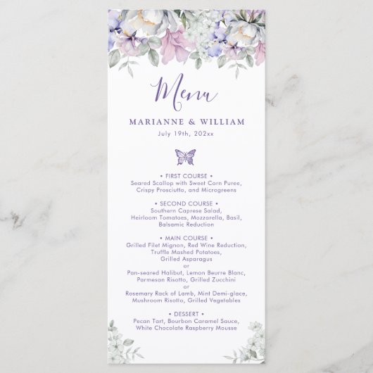 Whimsical Paarse Bloemen Romantisch Bruiloft Diner Menu (Voorkant)