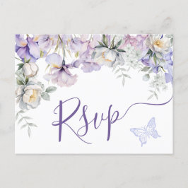 Whimsical Paarse Bloemen Romantische Bruiloft RSVP Briefkaart