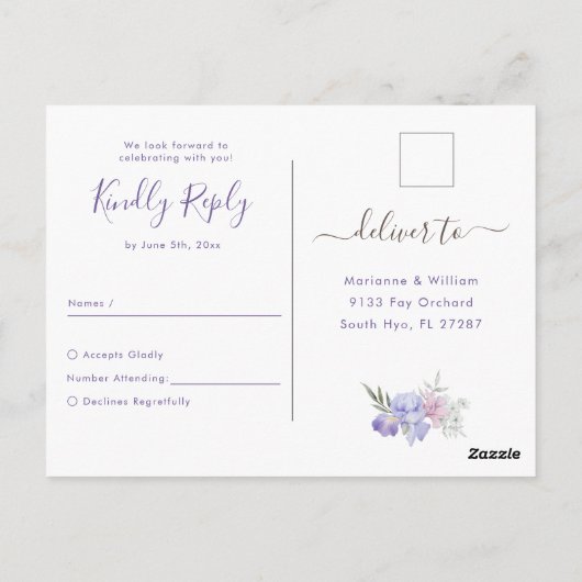 Whimsical Paarse Bloemen Romantische Bruiloft RSVP Briefkaart (Achterkant)