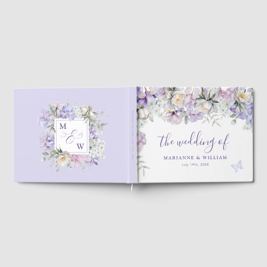 Whimsical Paarse Bloemen Romantische Bruiloft RSVP Gastenboek (Volledig)