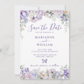 Whimsical Paarse Bloemen Romantische Bruiloft Save The Date (Voorkant)