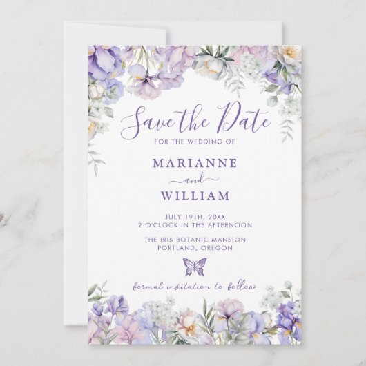 Whimsical Paarse Bloemen Romantische Bruiloft Save The Date (Voorkant)