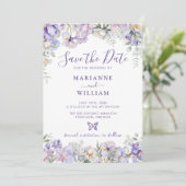 Whimsical Paarse Bloemen Romantische Bruiloft Save The Date (Staand voorkant)