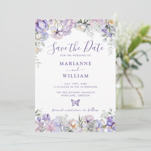Whimsical Paarse Bloemen Romantische Bruiloft Save The Date (Staand voorkant)