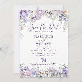 Whimsical Paarse Bloemen Romantische Bruiloft Save The Date