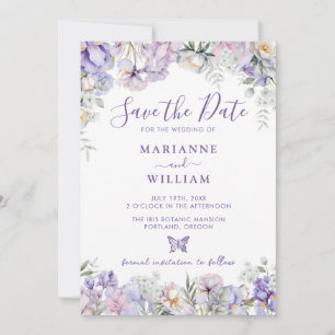 Whimsical Paarse Bloemen Romantische Bruiloft Save The Date