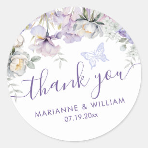 Whimsical Paarse bloemenromantische bruiloft dank Ronde Sticker