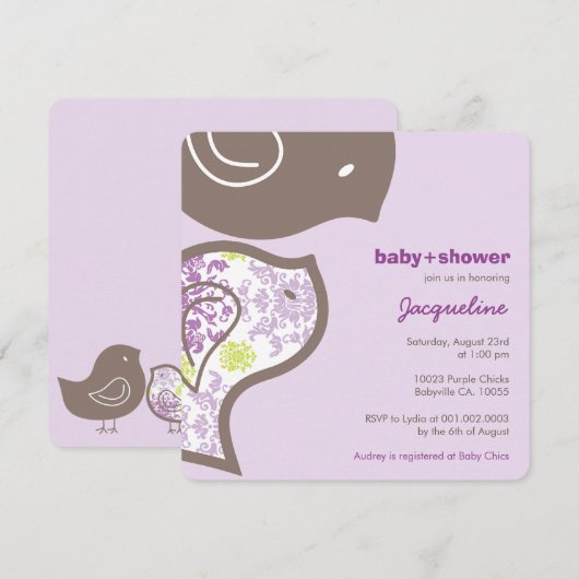 Whimsical Paarse Damask Chicks Baby shower Invite Kaart (Voorkant / Achterkant)