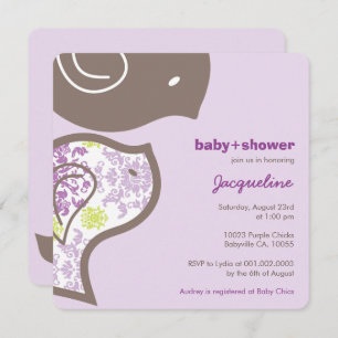 Whimsical Paarse Damask Chicks Baby shower Invite Kaart