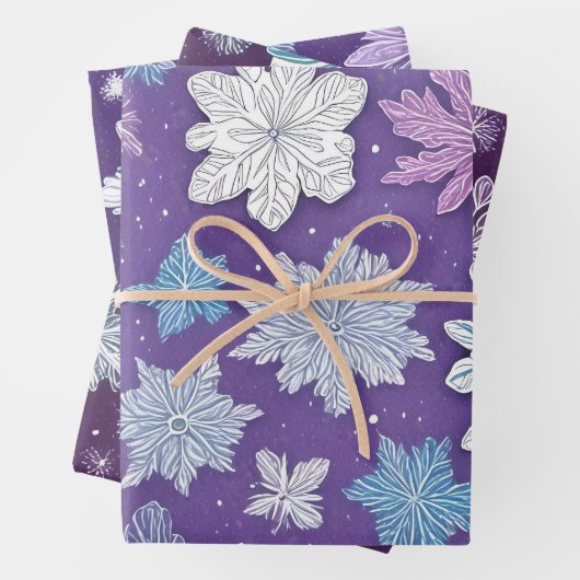 Whimsical Paarse en Blauwe Sneeuwvlokken Kerstmis Inpakpapier Vel (In situ)
