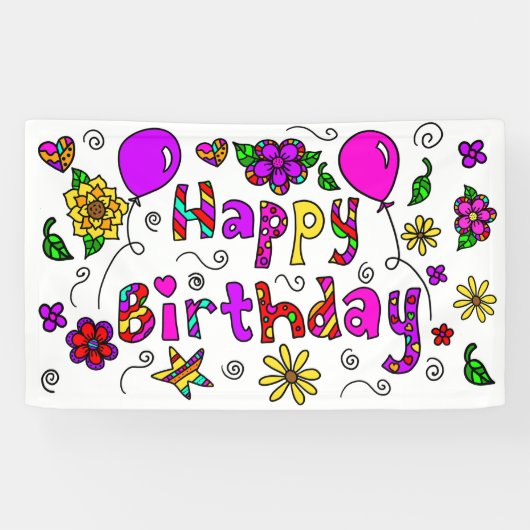 Whimsical Paarse en roze Happy Birthday Girl's Spandoek (Horizontaal)