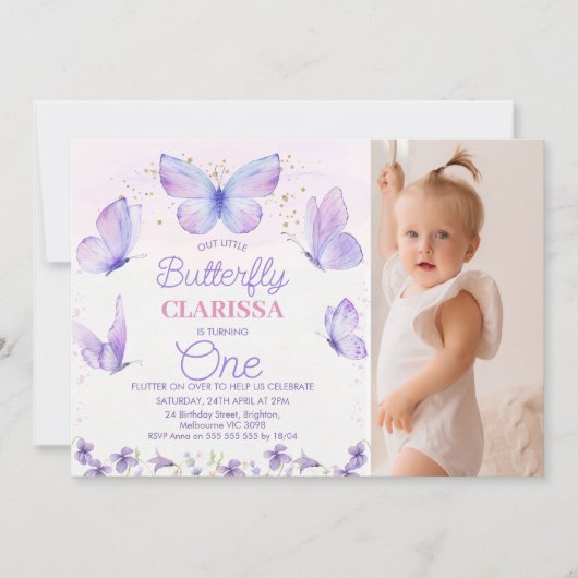 Whimsical Paarse foto Butterfly 1e verjaardag Kaart (Voorkant)