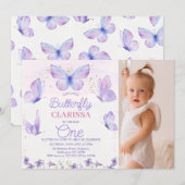 Whimsical Paarse foto Butterfly 1e verjaardag Kaart (Voorkant / Achterkant)