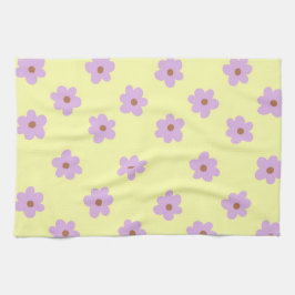 Whimsical Paarse & Gele Bloemen Retro Vrolijk Theedoek