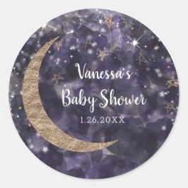 Whimsical Paarse Gouden Maan Sterren Baby shower Ronde Sticker