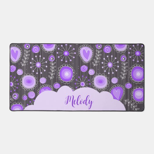 Whimsical paarse grijze hart en bloem bloemige naa bureaumat (Voorkant)