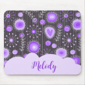 Whimsical paarse grijze hart en bloem bloemige naa muismat (Voorkant)