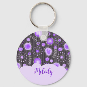 Whimsical paarse grijze hart en bloem bloemige naa sleutelhanger