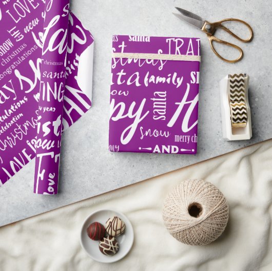 Whimsical Paarse Kerstscript Cadeaupapier (Crafts)