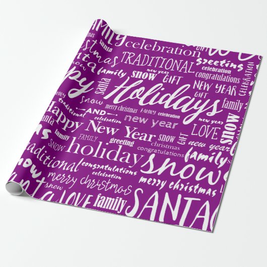 Whimsical Paarse Kerstscript Cadeaupapier (Uitgerold)