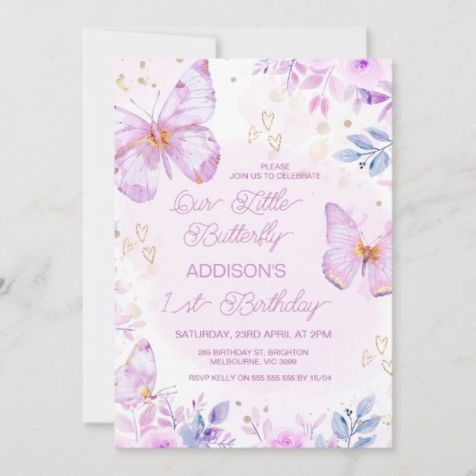 Whimsical Paarse kleine vlinder 1e verjaardag Kaart (Voorkant)