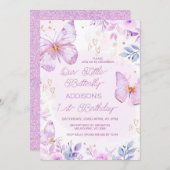 Whimsical Paarse kleine vlinder 1e verjaardag Kaart (Voorkant / Achterkant)