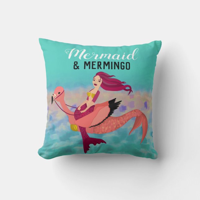 Whimsical Paarse Mermaid & Pink Mermingo Art Kussen (Voorkant)