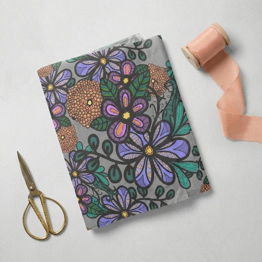 Whimsical paarse perzik bloemrijke Doodle Kunst Pa Tissuepapier