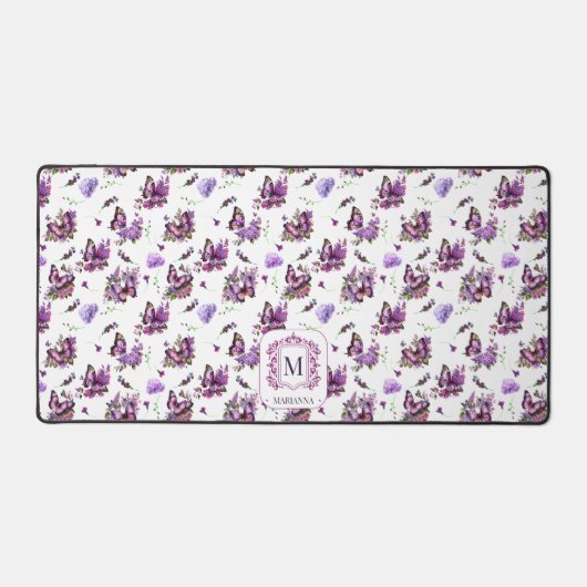 Whimsical Paarse Vlinders Patroon Monogram Bureaumat (Voorkant)