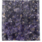 Whimsical Paarse Waterverf Gouden Bronzen Maanster Douchegordijn (Voorkant)