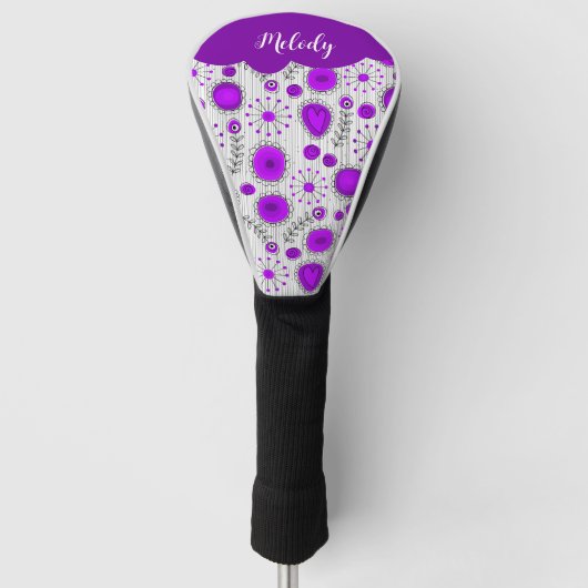 Whimsical paarse witte harten bloemen bloemige naa golfheadcover (Voorkant)