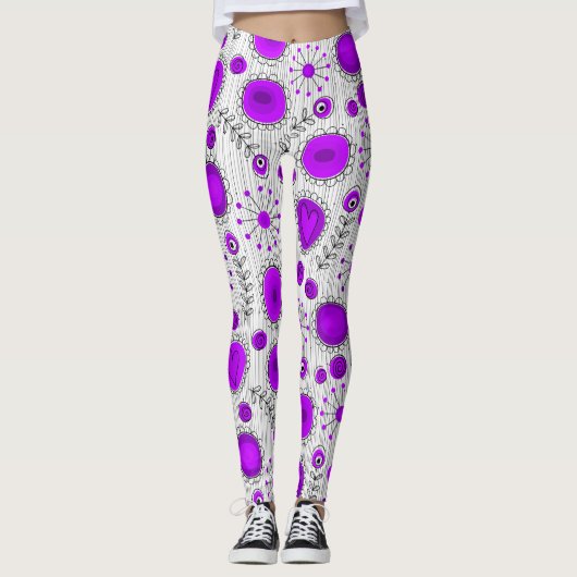 Whimsical paarse witte harten bloemen bloemige naa leggings (Voorkant)