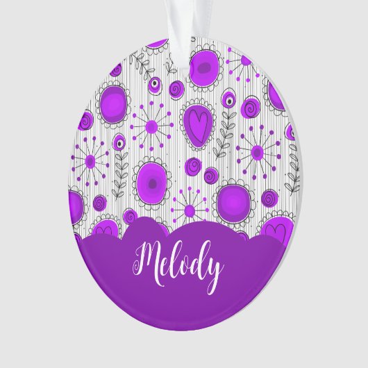 Whimsical paarse witte harten bloemen bloemige naa ornament (voorkant)