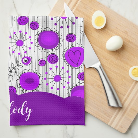 Whimsical paarse witte harten bloemen bloemige naa theedoek (Quarter Fold)