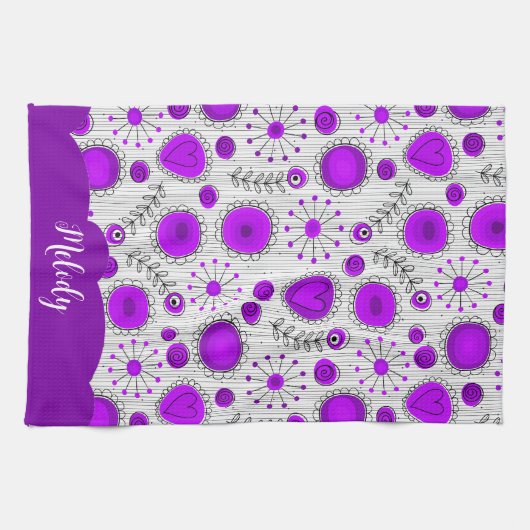 Whimsical paarse witte harten bloemen bloemige naa theedoek (Horizontaal)