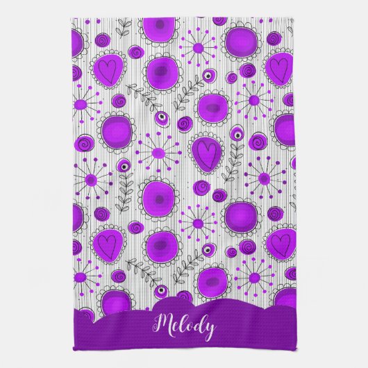 Whimsical paarse witte harten bloemen bloemige naa theedoek (Verticaal)