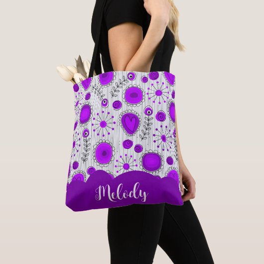Whimsical paarse witte harten bloemen bloemige naa tote bag (Dichtbij)