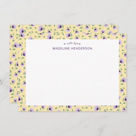 Whimsical Paarse Zonnebloemen Lichtgeel Monogram Notitiekaartje (Voorkant / Achterkant)