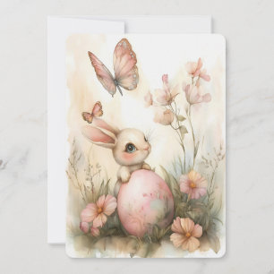 Whimsical Paashaas met Vlinders Blush Pink Feestdagenkaart