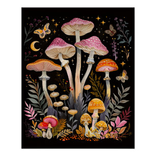 Whimsical Paddenstoelen Moten en Maan Perfect Poster