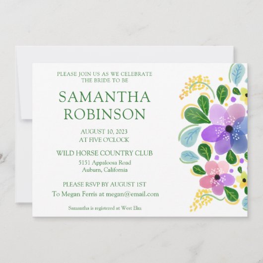 Whimsical Painted Floral Bridal Shower Invitation Kaart (Voorkant)
