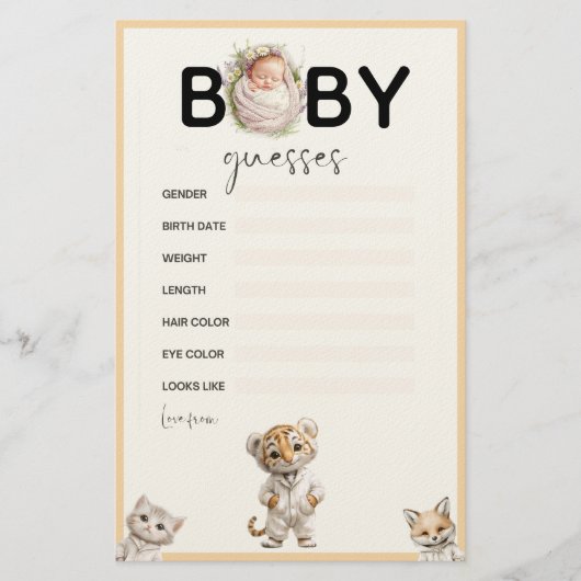 Whimsical Pajama Animals: Baby Guesses Game Briefpapier (Voorkant)