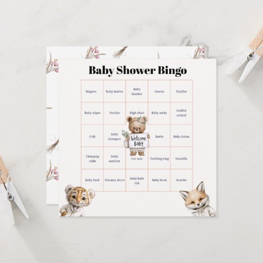 Whimsical Pajama Animals: Baby Shower Bingo Kaart (Voorkant / Achterkant in situ)