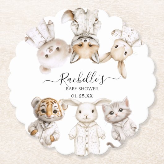 Whimsical Pajama Animals: Soft Pastel Party Accent Kartonnen Onderzetters (Voorkant)