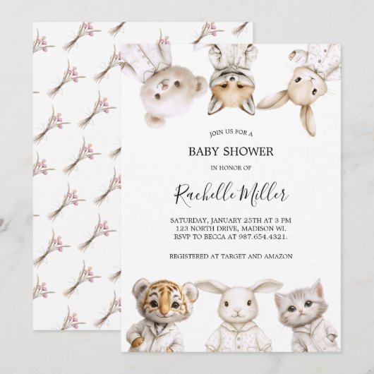 Whimsical Pajama Parade: Uitnodiging voor babyfees (Voorkant / Achterkant)