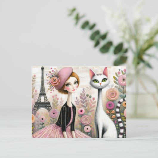 Whimsical Parijse Dame met Slanke Witte Kat Briefkaart (Staand voorkant)