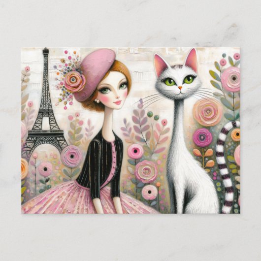 Whimsical Parijse Dame met Slanke Witte Kat Briefkaart (Voorkant)