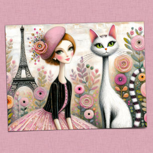 Whimsical Parijse Dame met Slanke Witte Kat Briefkaart