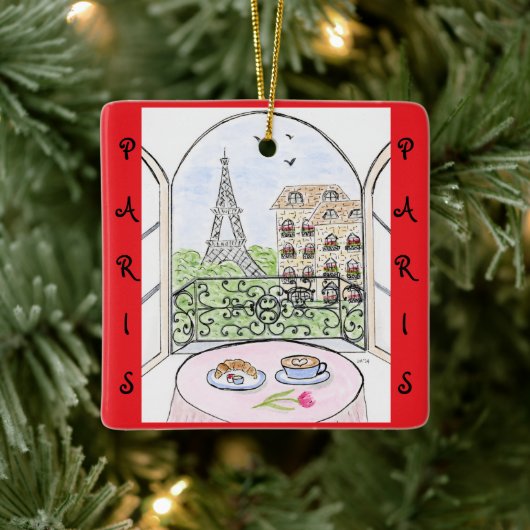Whimsical Paris and Eiffel Tower French Keramisch Ornament (Boom)